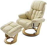 Robas Lund Sessel Leder Relaxsessel TV Sessel mit Hocker bis 130 Kg, Fernsehsessel Echtleder creme, Calgary