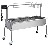 Mobiler Lammgrill Spanferkelgrill mit Grillmotor und Rollen, Grillroste Metzgergrill für Hähnchen Lamm, Rind oder Rollbraten, BBQ Spießgrill, Silber 128.8 x 55.1 x 100.5 cm