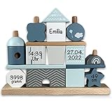 BellasTraum Steckspiel Haus blau bedruckt I Personalisierbares Geschenk zur Geburt Junge I Handmade Holzspielzeug I Personalisierte Geschenke Baby I Label-Label I Stapelturm mit Name & Geburtsdaten