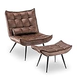 MCombo Sessel mit Hocker, moderner Relaxsessel mit Taillenkissen für Wohnzimmer, Retro Vintage Lesesessel Loungesessel Stuhl Polstersessel,Mikrofaserstoff,4779 (Braun)