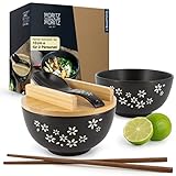 Moritz & Moritz 2X Ramen Schüssel Keramik - 600 ml - 15 cm Ø - Schwarzes Ramen Bowl Set für 2 Personen – Für Suppe, Pho und Sushi Bowl – Inkl. Stäbchen, Deckel und Löffel