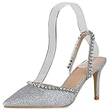 VAN HILL Damen Pumps Slingpumps Spitze Stiletto Schuhe Party Strass Absatzschuhe Elegante Glitzer Partyschuhe 208431 Silber 36