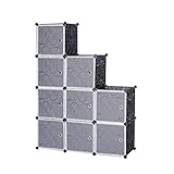 WOLTU Garderobenschrank DIY Kleiderschrank Regalsystem Steckregal Aufbewahrung Lagerregal Bücherregal mit Tür, 9 Fächer, Kunststoff, 111x37x111cm, Schwarz SR0055sz