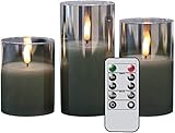 Eldnacele Graue flammenlose Kerzen aus Glas, flackernd mit Fernbedienung, 3D-Docht, batteriebetrieben, realistisches, warmes Licht, Kerze mit Timer, Set von 3