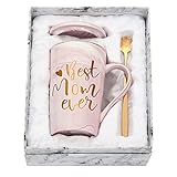 Livole Geburtstagsgeschenke für Mama, lustige Kaffeetassen für Mutter, Muttertagsgeschenke, Best Mom Ever, 14oz (400 ml) Keramik Marmorbecher Teetasse mit Deckel, Goldenem Löffel und Geschenkbox