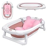 Aufun Faltbare Baby Badewanne ergonomische Babywanne mit rutschfesten Füßen für Babys und Neugeborene, inkl. Bade Sitzkissen, folding bathtub, platzsparend (Rosa+ Badewannenkissen)