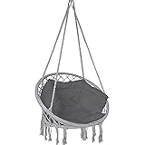 VOUNOT Hängesessel mit Bücherfach & Kissen, Hängeschaukel Hängestuhl für Indoor Outdoor Garten, Ø Sitzfläche 80cm, Grau