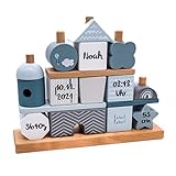 Steckspiel Haus blau I Personalisierbares Geschenk zur Geburt Jungen I Handmade Holzspielzeug I Personalisierte Geschenke Baby I Label-Label I Stapelturm mit Name & Geburtsdaten