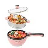 Audecook Elektrische Pfannen mit Dampfgarer, 1,5L Bratpfanne 20cm, Antihaft Klein Elektropfanne, Multi-Kocher für Wohnheim, Camping, Miethaus - Rosa