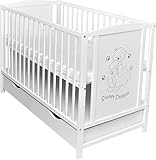 Dedstore-Baby Babybett Kinderbett Gitterbett Bärchen 120x60 mit Schublade Bettkasten Weiß mit Matratze Neu Sweet Dreams