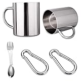 Edelstahl tasse Outdoor becher[2er-Set] Camping tasse Becher 300 ml Edelstahl becher Metall becher 2 Edelstahl karabiner 1 Multifunktionale Gabel und Outdoor Becher Sets