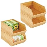 mDesign stapelbare Aufbewahrungsbox – multifunktionale Bambusbox für Küchenschränke, Regale & Oberflächen – offene Ablage aus nachhaltigem Bambus – 4er-Set – naturfarben