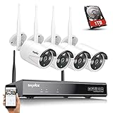 WLAN Überwachungskamera Set mit Audioaufnehmen，SANNCE 5MP 8CH Wireless NVR + 4x3MP Kabellose Outdoor Überwachungskamera mit 1TB Festplatte AI Human Detection IP66 Wasserdicht unterstützt Amazon Alexa