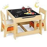 GOPLUS 3tlg. Kindersitzgruppe, 1 Kindertisch mit 2 Stühle, Kindermöbel Set aus Holz, Kindertischgruppe Indoor mit Stauraum, Maltisch für Kleinkind Mädchen Jungen