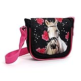 PASO - PFERDE KINDER HANDTASCHE 17x15x4 cm - MOTIV PFERD & ROSEN - SCHWARZ/PINK