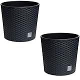 Astor24 - 2X Blumentopf Anthrazit in Rattan-Optik - Pflanzkübel mit Einsatz - Rattan-Blumentopf für Garten - In/Outdoor - Höhe 20 cm - Ø 20 cm (2er Set 20cm Ø)