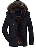 FTCayanz Herren Warme Winterjacke Parka Lang Wintermantel Mit Kunstfell Kapuze Outdoor Gefütterte Steppjacke Jacke Schwarz L