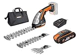 WORX 18V(20V MAX) Akku Gras- und Strauchschere WG801E.4, PowerShare, Heckenschere Rasenschere 20cm, 12 cm Strauchtrimmer, 10 cm Grasmesser, Rasenkantenschere, Tragetasche, 1 Std. Schnellladegerät