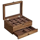 SONGMICS Uhrenbox mit 8 Fächern, Uhrenkasten aus Massivholz, mit Glasdeckel, für Ringe, Armbänder und Halsketten, Weihnachten, walnussfarben JOW008K01