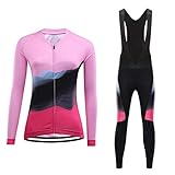 Bsadne Damen-Fahrradtrikot, langärmelig, atmungsaktiv, schnelltrocknend, mit 3D-Polster, gepolsterte Hose (Rosa, Größe L)