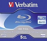 Verbatim BD-R Dual Layer Blu-ray Rohlinge 50 GB, Blu-ray-Disc mit 6-facher Schreibgeschwindigkeit, mit Kratzschutz, 5er-Pack Jewel Case, Blu-ray-Disks für Video- und Audiodateien