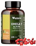 OMEGA 7 ALL IN ONE Sanddornöl mit Omega 3 6 7 9 und natürlichem Vitamin E. 120 Vegane Flüssigkapseln; Palmitoleinsäure (Omega 7) Nicht-GVO. Glutenfrei. VEGAN. Sea buckthorn oil.