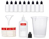 10 x 50 ml Liquidflaschen mit Trichter + Messbecher + Etiketten, z.B. für E-Liquids + E-Zigaretten, LDPE Plastikflaschen, Liquid Dosierflaschen, Tropfflaschen bzw. Quetschflaschen + schwarze Deckel