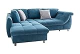 Ecksofa mit Schlaffunktion in Blau mit großen Rücken-Kissen und Zierkissen, Microfaser-Stoff | Gemütliches L-Sofa mit Longchair im modernen Look