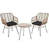 TecTake 800802 Rattan Sitzgruppe für 2 Personen, 3-TLG. Bistroset, Balkonset mit 2 Stühlen + Tisch, kleine Lounge für Garten Balkon Terrasse, inkl. Sitzkissen - Diverse Farben - (Natur | Nr. 403558)