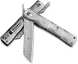 KATSU Klappmesser Taschenklappmesser Handgemachtes japanisches, Rettungsmesser Messer Outdoor aus Damaststahl im Bambusstil mit Taschenclip für Arbeit Wandern Camping