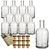 gouveo 12er Set Glasflaschen 500 ml Klassik mit Holzgriff-Korken - Leere Flasche 0,5 l aus Glas zum Befüllen - Glasflasche für Likör, Schnaps, Gin, Öl, Essig