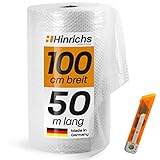 Hinrichs Luftpolsterfolie 100cm x 50m - Inkl. Cutter - Ideal für Versand, Verpackung und Umzug - 100% recyclingfähig - Bubble Wrap als Verpackungsmaterial - Noppenfolie - Polstermaterial