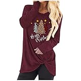 Strickpulli Frauen Lang Leicht Geburtstag T-Shirt Weihnachtsbaum Rundhals Polyester Langärmelig T Shirt Damen Neujahrs Geknotete Taillierte Weich Weinrot