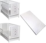 Dedstore-Baby Kleinkindbett Babybett Kinderbett Gitterbett Bärchen Motiv 120x60 Weiß Schutzgitter Juniorbett Matratze Massivholz (mit Komfort Matratze gesteppt 120x60x9 cm)