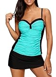 Aleumdr Bademode Tankini Set Damen Ruched Badeanzug bauchweg Push up mit Bügel Oversize gut elastisch S-XXXL, Grün, Medium (EU40-EU42)