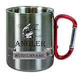 CreaLuxe Edelstahltasse mit Karabiner 'Die Besten Angler heißen Wunschname' Tasse personalisiert, Kaffeetasse, Bürotasse, Metalltasse mit Name