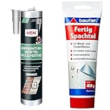 MEM Reparatur-Mörtel Fix & Fertig, Für Mauerwerksfugen und Ausbruchstellen, Für innen und außen, Gebrauchsfertig, Überstreichbar, Zementgrau, 300 ml & Baufan Fertigspachtel, für innen und außen, 400g