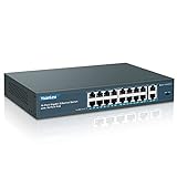 YuanLey 18 Port Gigabit PoE Switch, 16 PoE+ Port 1000 Mbps, 2 Gigabit Uplink, 250W 802.3af/at, Metal Desktop/Rackmount, Nicht verwalteter Plug and Play Netzwerk Switch