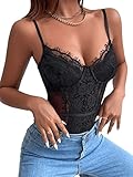 SheIn Damen Spitze Bodysuit Transparenter Netz Spaghettiträger Body V-Ausschnitt Bodys Schwarz L