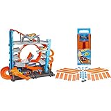 Hot Wheels FTB69 - City Ultimate Parkgarage und Parkhaus für Kinder, Garage mit Hai für +90 Autos, ca. 63 cm hoch & BHT77 - Track Builder Pack inklusiv Fahrzeug