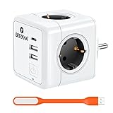 Steckdosenwürfel mit USB C, 4 Fach Mehrfachsteckdose Würfel Steckdosenadapter 3680W, 4er Steckdose Cube mit Schalter, Mehrfachstecker Powercube mit 3 USB Ladegerät für Büro Hause Reisen, Weiß