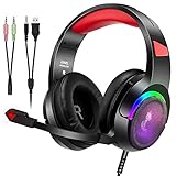 PS5 Headset Gaming Headphones für PS4 Mit Mikrofon PC Xbox One Laptop Surround Sound über Ohrgeräuschunterdrückung Kopfhörer mit LED Leuchten Lautstärkeregler für Smartphone Computer …