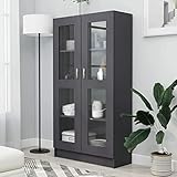 ZEYUAN Vitrinenschrank, Vitrine, Wandschrank, Schrank Regal, Glasregal, Glasvitrine Stehend, Eckvitrine, Manga Regal, Grau 82,5x30,5x150 cm Spanplatte