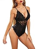 Lucyme Damen Reizwäsche Sexy Body Dessous Spitze Bodysuit Tiefer V-Ausschnitt Erotische Lingerie Negligee Babydoll Unterwäsche M Schwarz