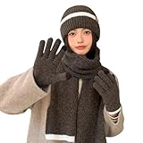 ANHATUIV Mütze, Schal und Handschuhe, Set für Damen, Wintermütze, Strickmütze, Bommelmütze, Touchscreen-Handschuhe, Damen-Schal, Halswärmer, 3-in-1, kaltes Wetter, winddicht, Mützenschal, Brithday