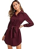 DIDK Damen Hemdkleid Elegant Blusenkleid V-Ausschnitt Langarm Herbst Tunika Kleider mit Gürtel Einfarbig Freizeitkleid Knöpfen Hemdenkleid Shortkleid Bordeaux M