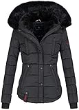 MARIKOO warme Damen Winter Jacke Winterjacke Steppjacke gefüttert Kunstfell B618 [B618-Lotus-Schwarz-Gr.M]