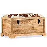 Gecheer Aufbewahrungsbank aus Echtleder und Mangoholz, 2-Sitzer Sitztruhe Holzbank Sitzbank mit Stauraum Massivholz 80 x 44 x 44 cm