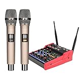 Wresetly 4 Kanal Audio Mixer Konsole mit Kabellosem Mikrofon Sound Mixing mit Bluetooth USB Mini Dj Mixer + 2 Kabellosem Karaoke