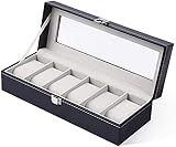 Uhrenbox mit 6 Fächern, Ohuhu Uhrenkasten Uhren Aufbewahrungsbox mit Glasdeckel, Uhrenbox 6 Uhren aus PU Leder und Samt Innenfutter, Uhrenbox Herren, Grau